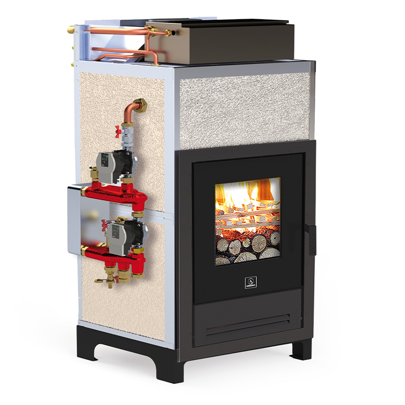 Termocamino a legna Evolution 4.0 Inserto System con accensione dall'alto, basse emissioni, acqua calda sanitaria.